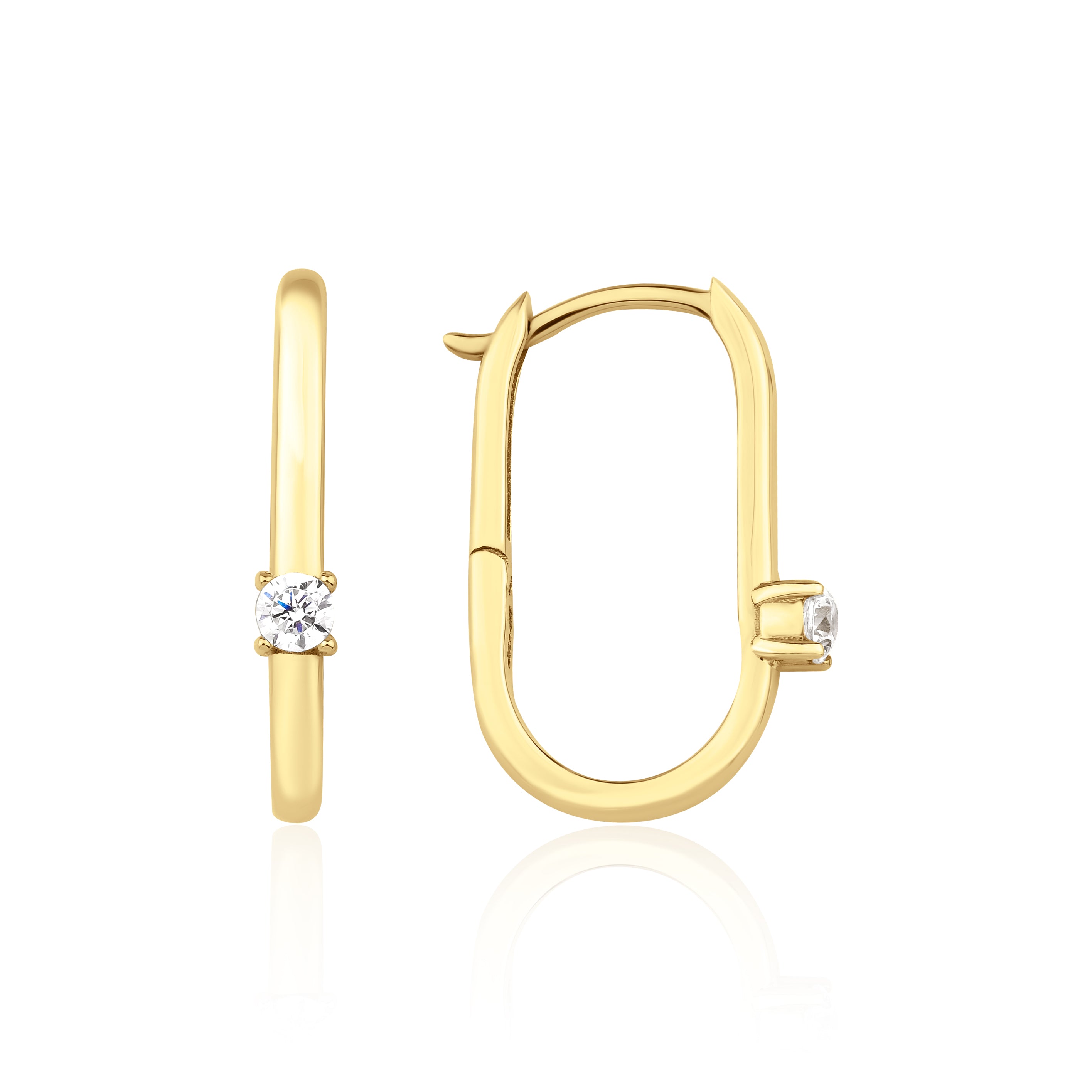 yellow gold oval spark hoop earrings on white background