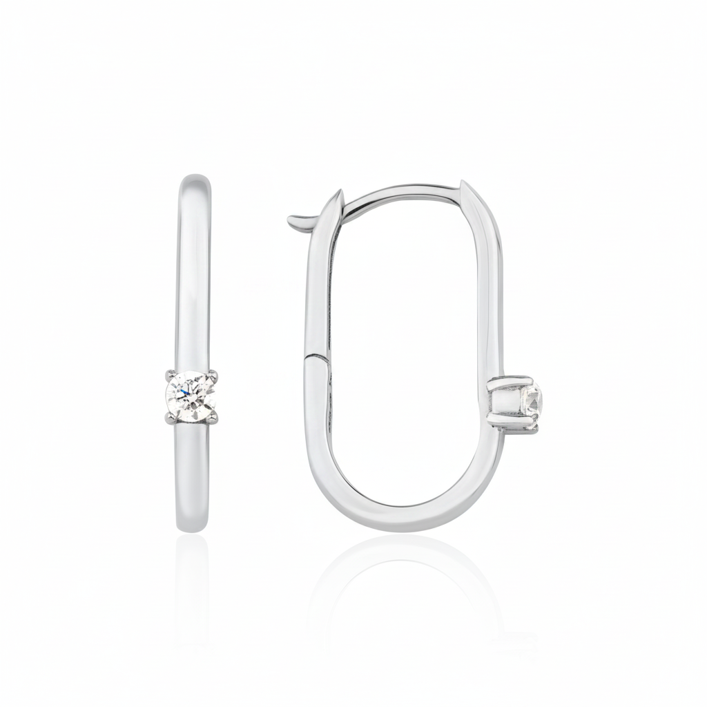 white gold oval spark hoop earrings on white background