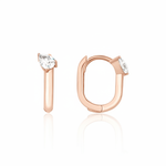 rose gold pear drop hoop earrings on white background