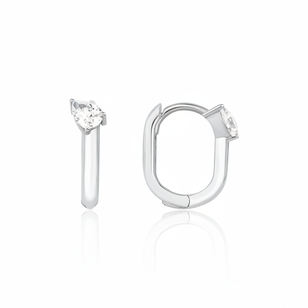 white gold pear drop hoop earrings on white background