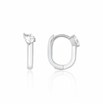 white gold pear drop hoop earrings on white background