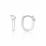 white gold pear drop hoop earrings on white background