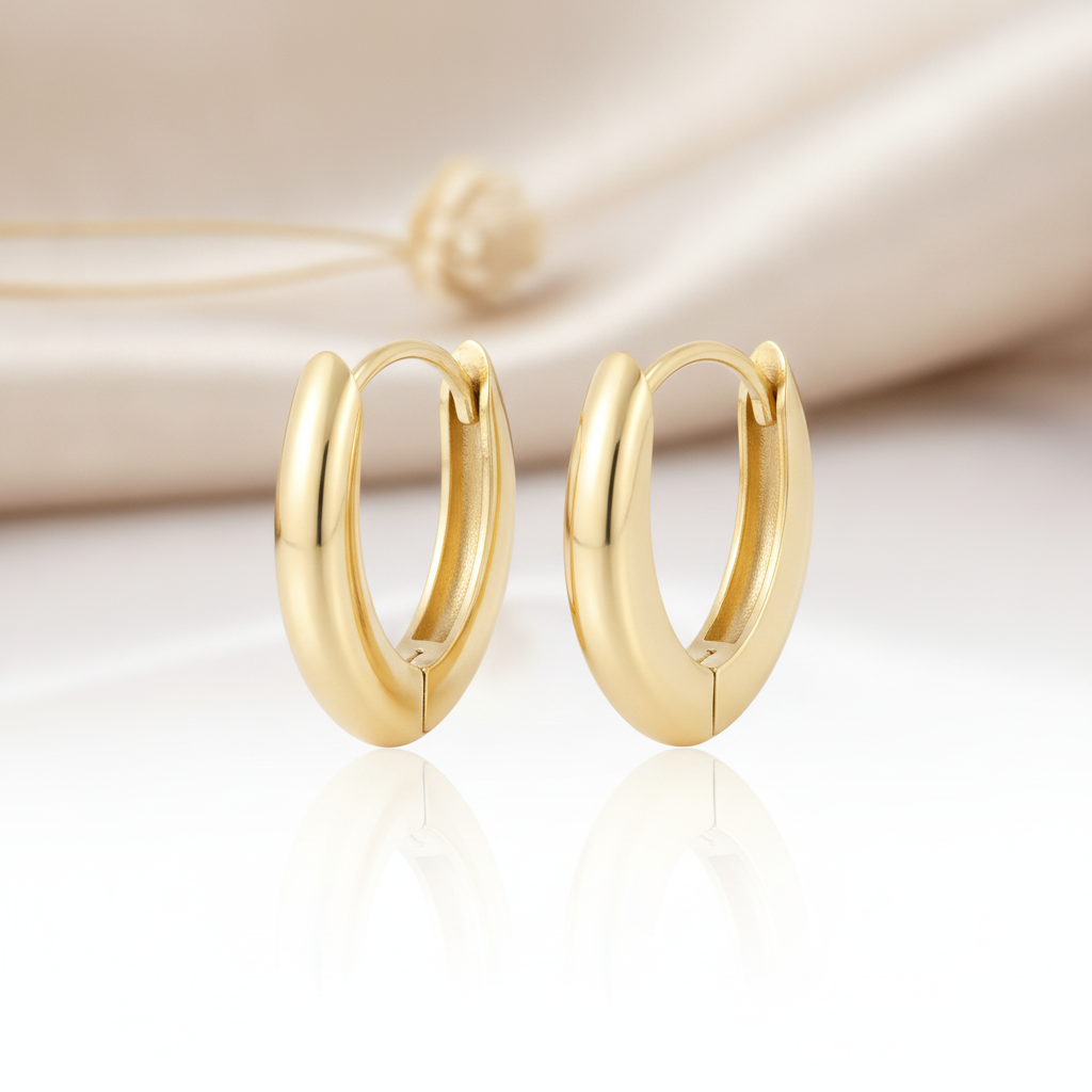 polished solid gold tapered hoop earrings on a cream satin background with a reflective white surface