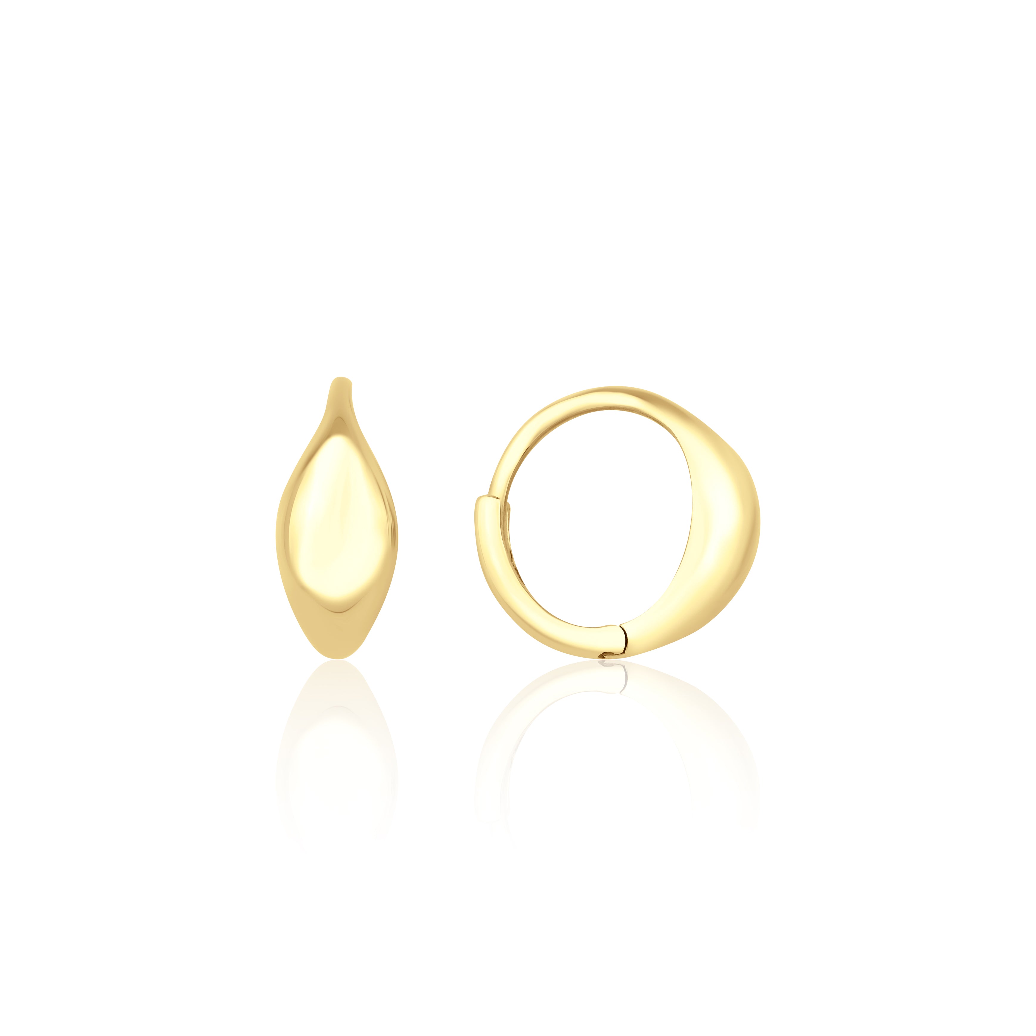 yellow gold curve huggie earrings on white background
