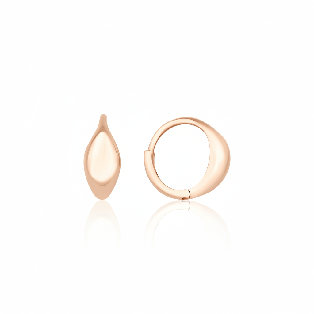 rose gold curve huggie earrings on white background