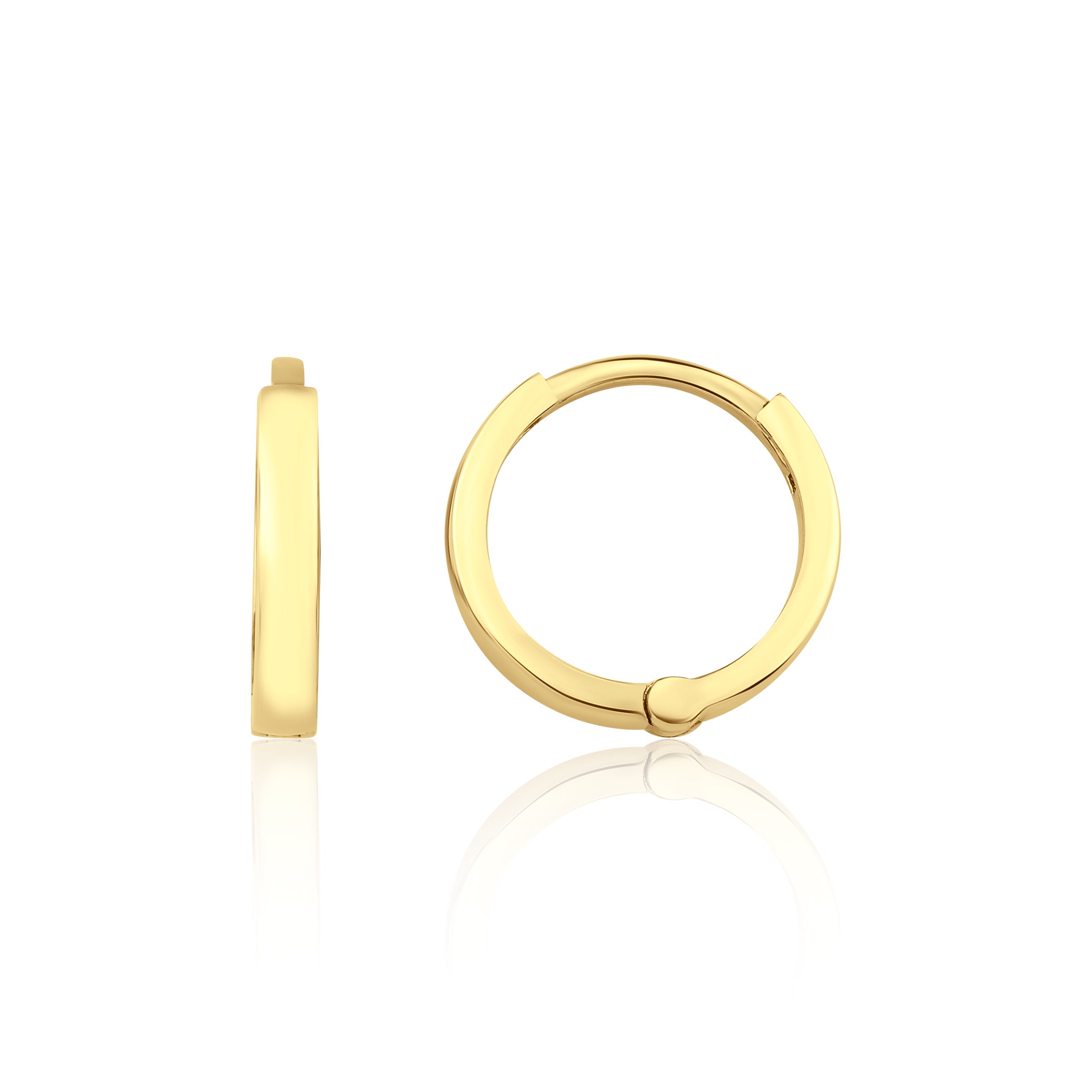 yellow gold flat edge hoop earrings on white background