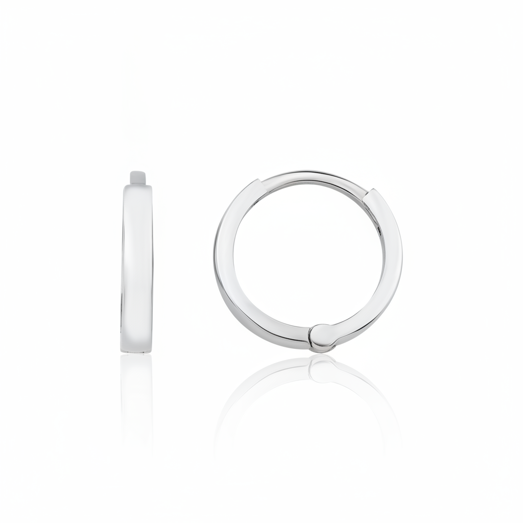 white gold flat edge hoop earrings on white background