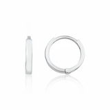 white gold flat edge hoop earrings on white background