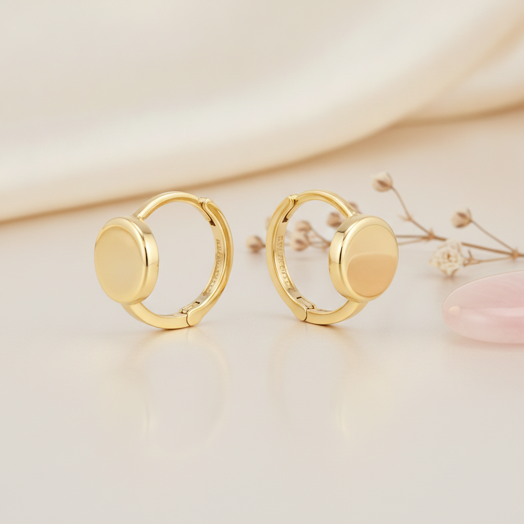 solid gold huggie hoop earrings with a smooth polished disk front on a beige background with dried baby's breath