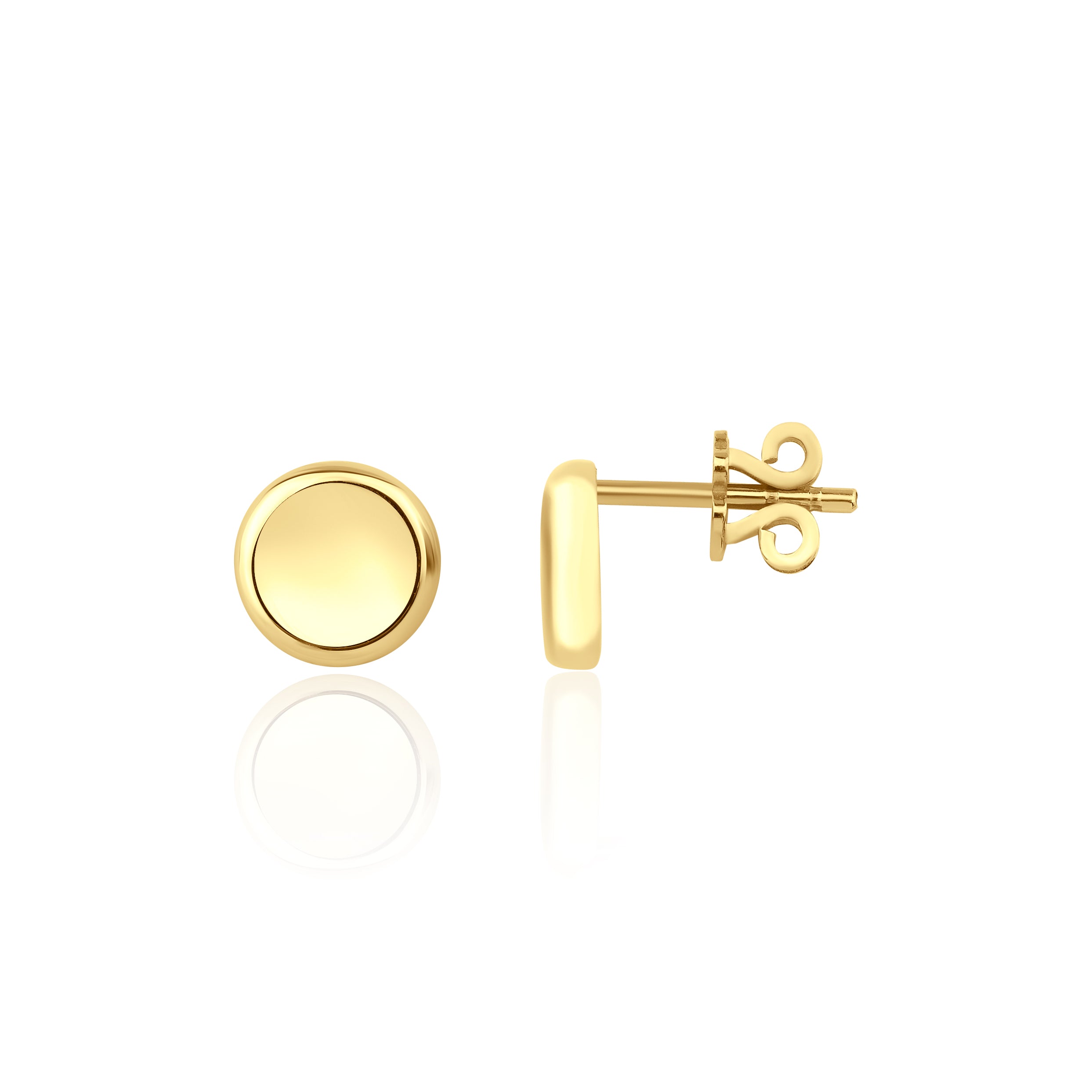 yellow gold disc stud earrings on white background