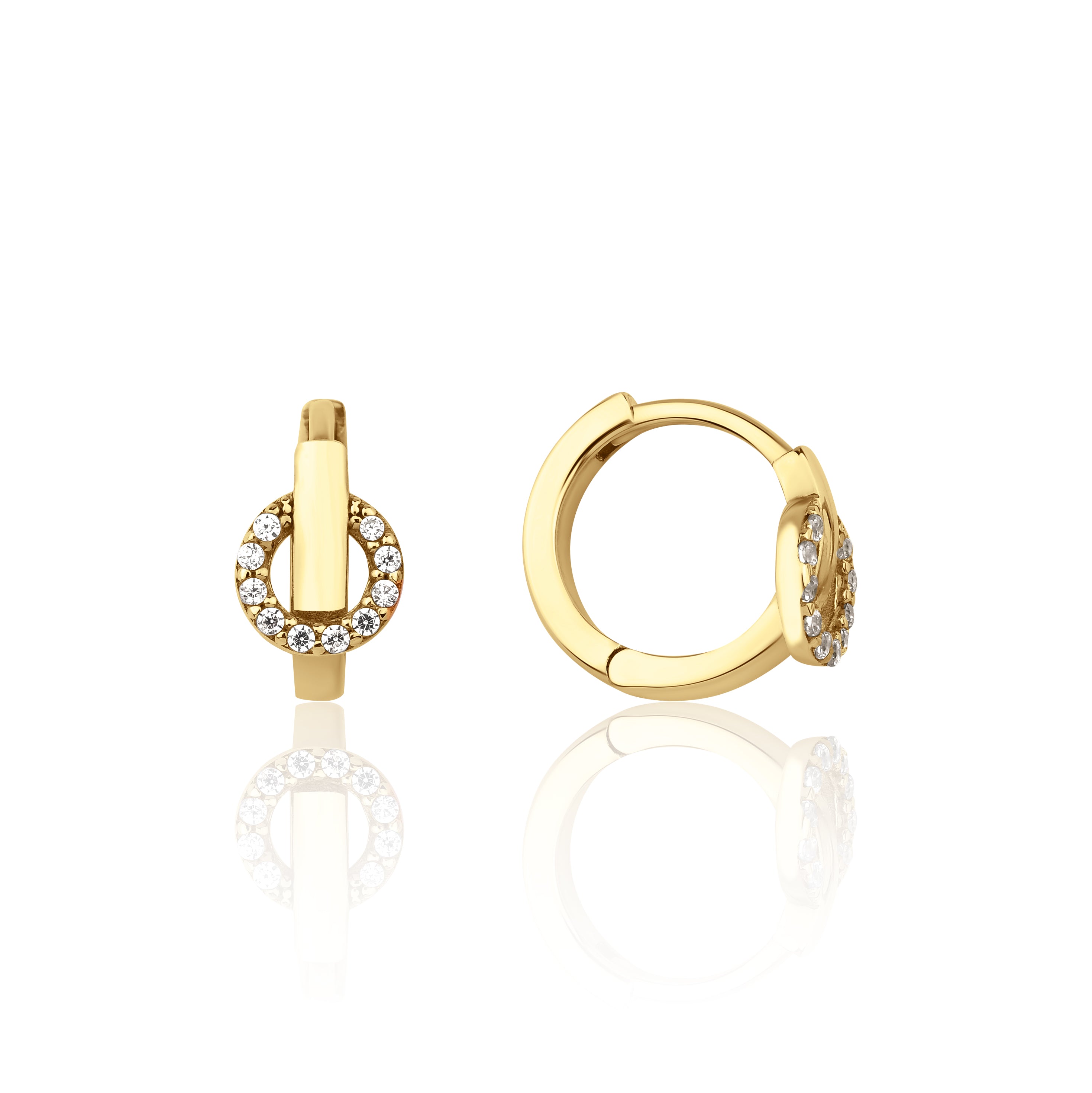 yellow gold bar halo huggie earrings on white background