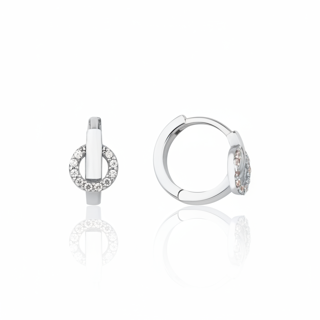 white gold bar halo huggie earrings on white background