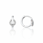 white gold bar halo huggie earrings on white background