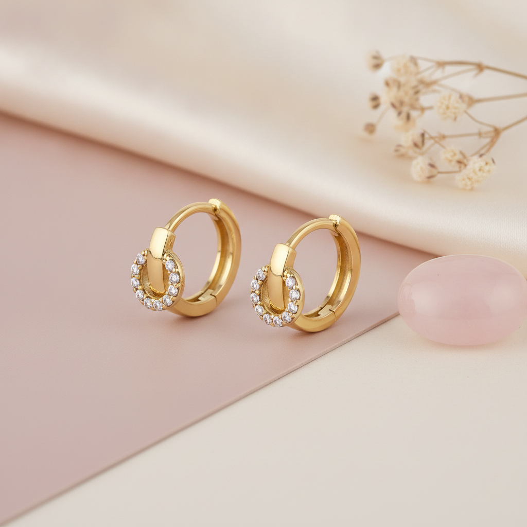 gold huggie hoop earrings with a vertical bar and pave White CZ stone halo on a blush background with dried baby's breath