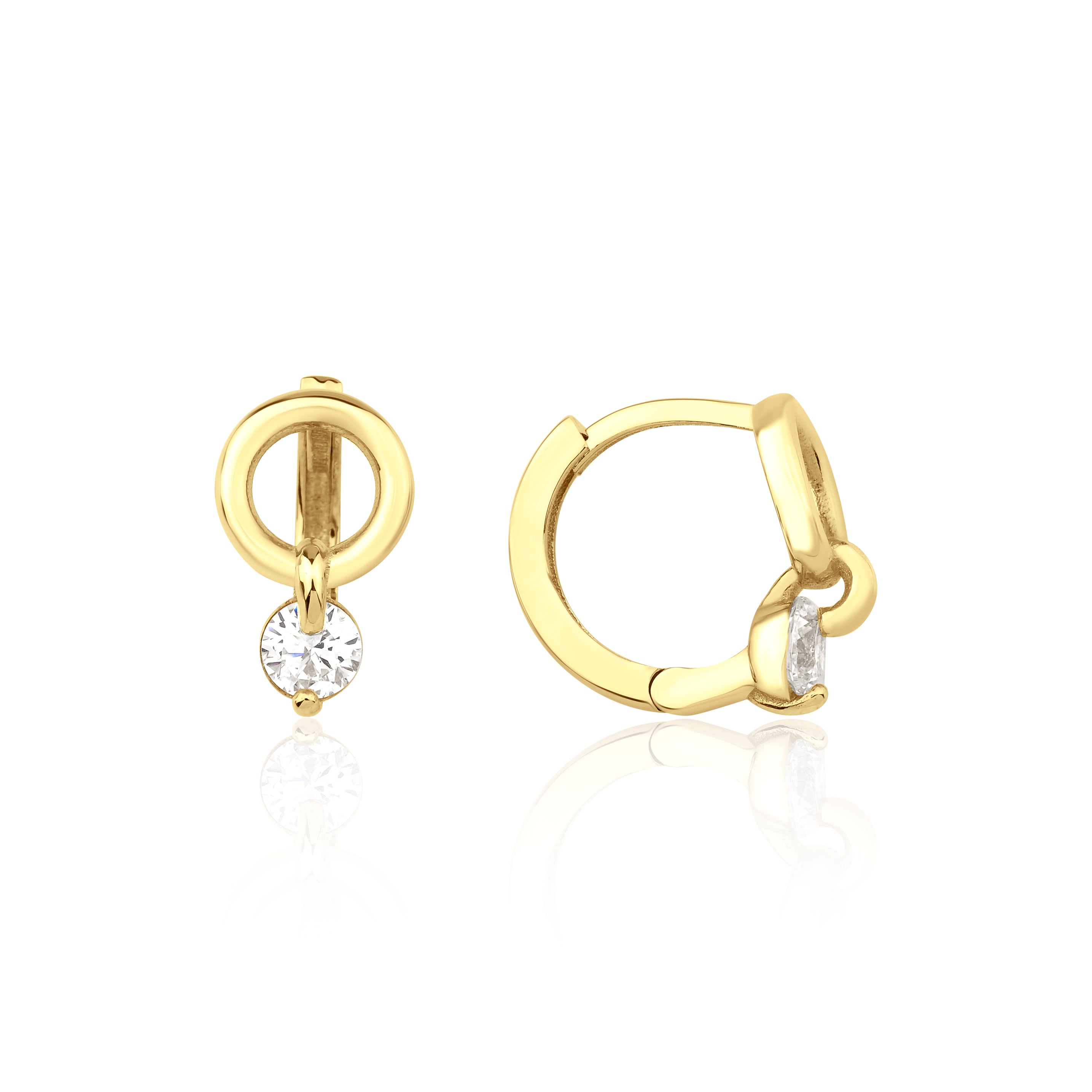 yellow gold circle drop huggie earrings on white background