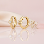 gold huggie hoop earrings with a sculpted eight-pointed star and a round White CZ stone on a blush background with dried baby's breath