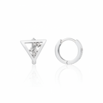 white gold triangle huggie earrings on white background