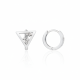white gold triangle huggie earrings on white background