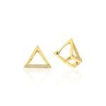 yellow gold open triangle huggie earrings on white background
