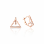rose gold open triangle huggie earrings on white background