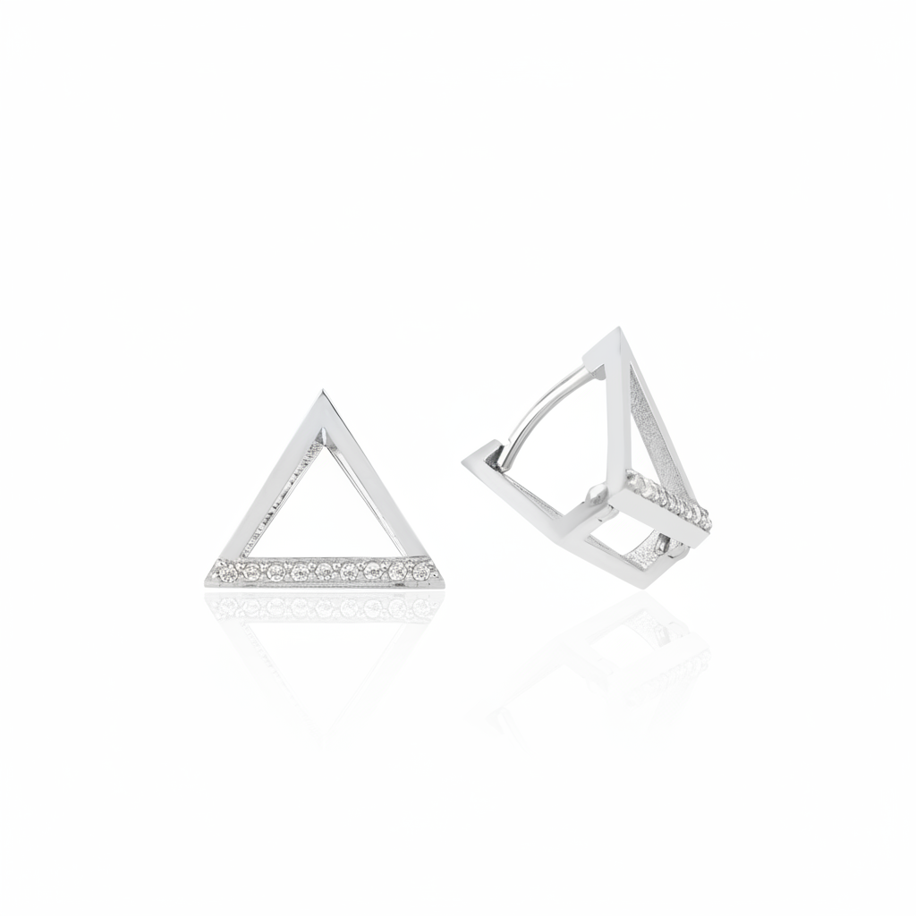 white gold open triangle huggie earrings on white background
