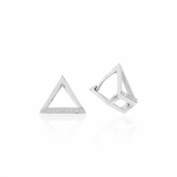 white gold open triangle huggie earrings on white background