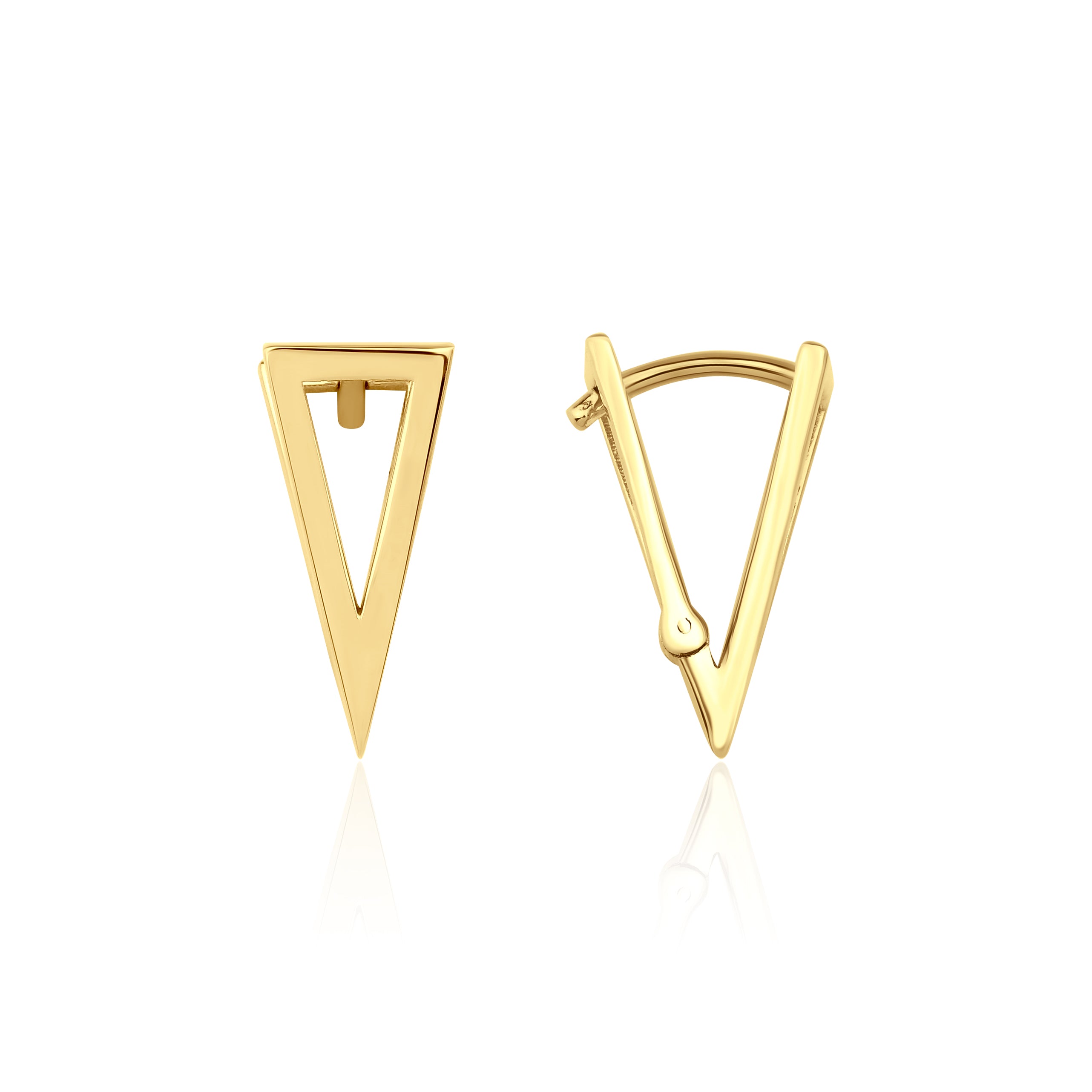 yellow gold triangle point earrings on white background