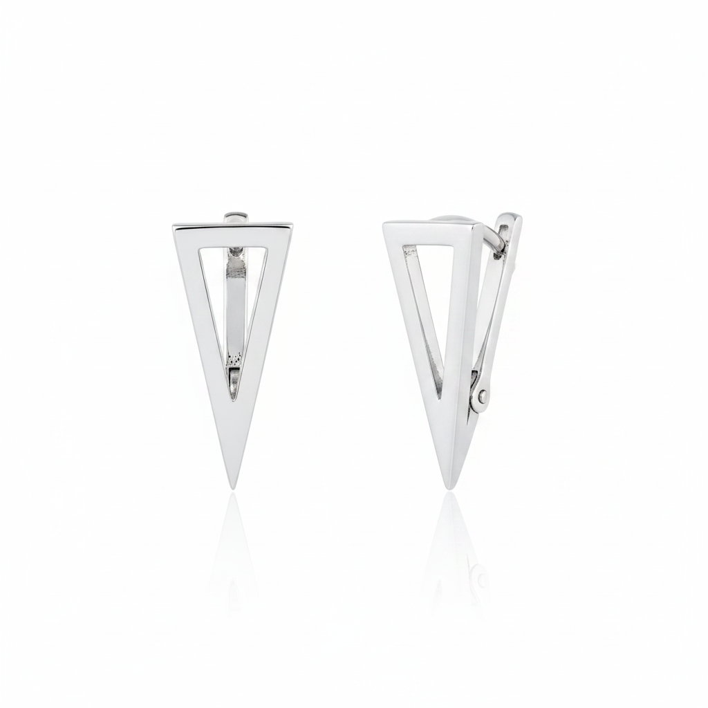 white gold triangle point earrings on white background