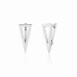 white gold triangle point earrings on white background