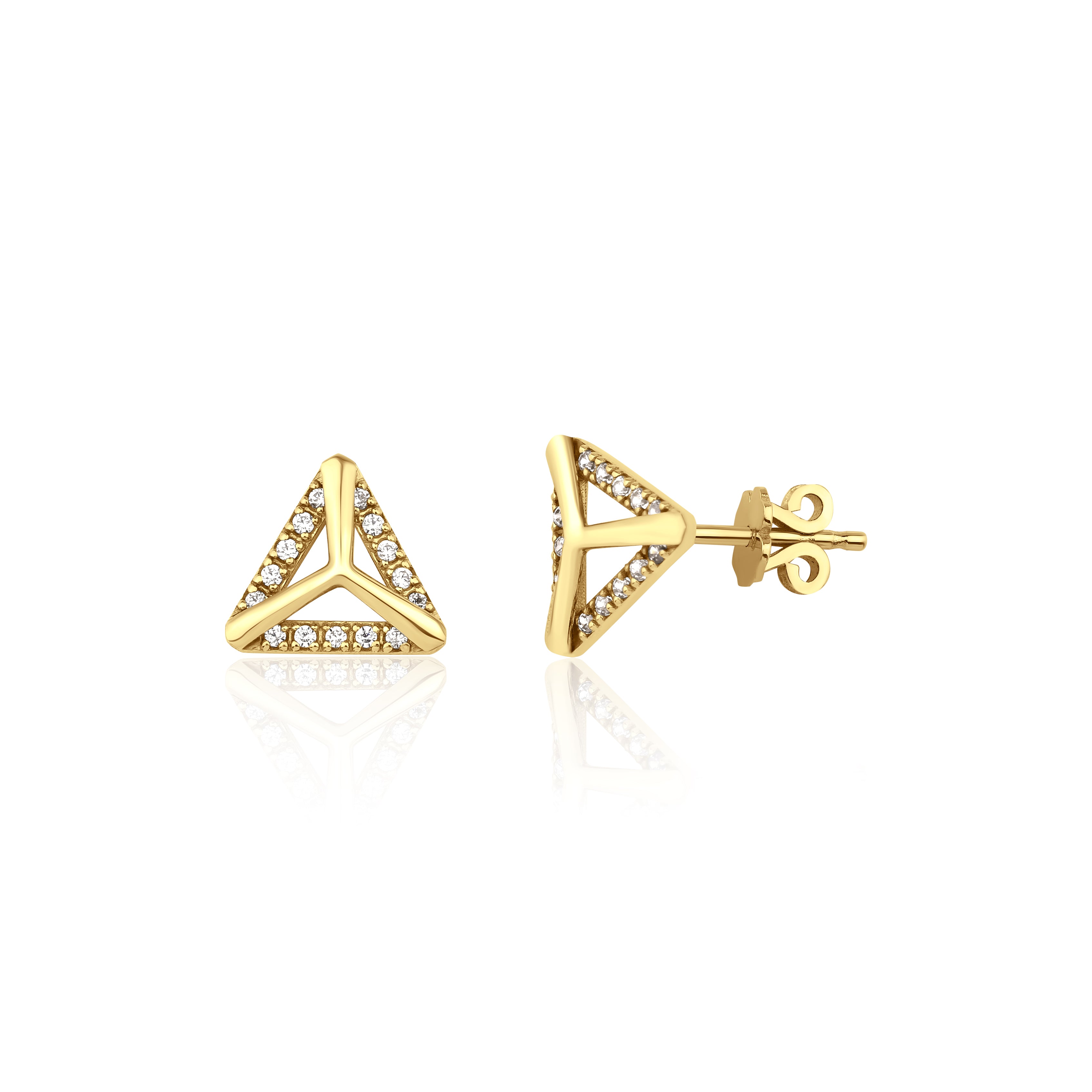 yellow gold triangle frame stud earrings on white background
