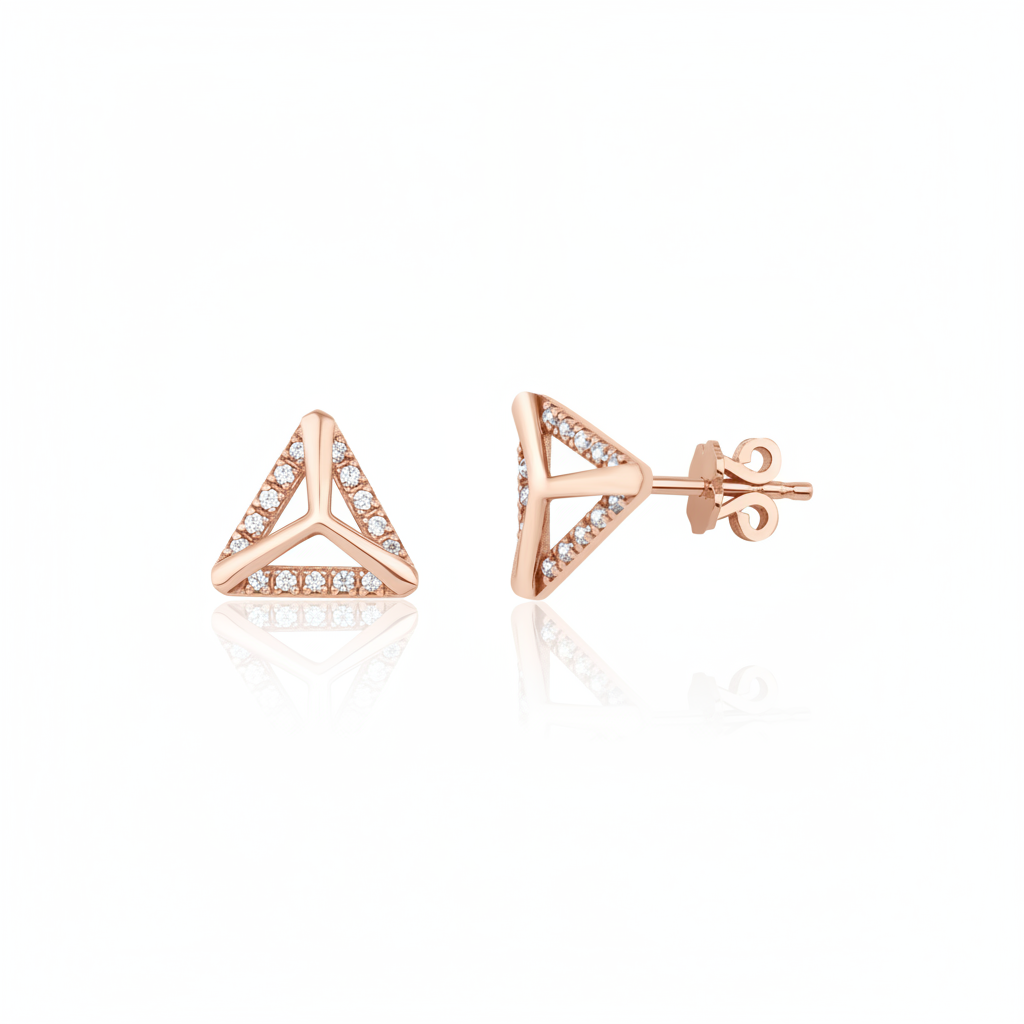 rose gold triangle frame stud earrings on white background