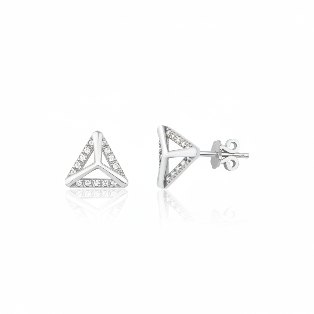 white gold triangle frame stud earrings on white background