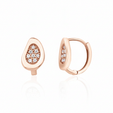 rose gold teardrop huggie earrings on white background