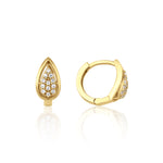 yellow gold drop pave huggie earrings on white background