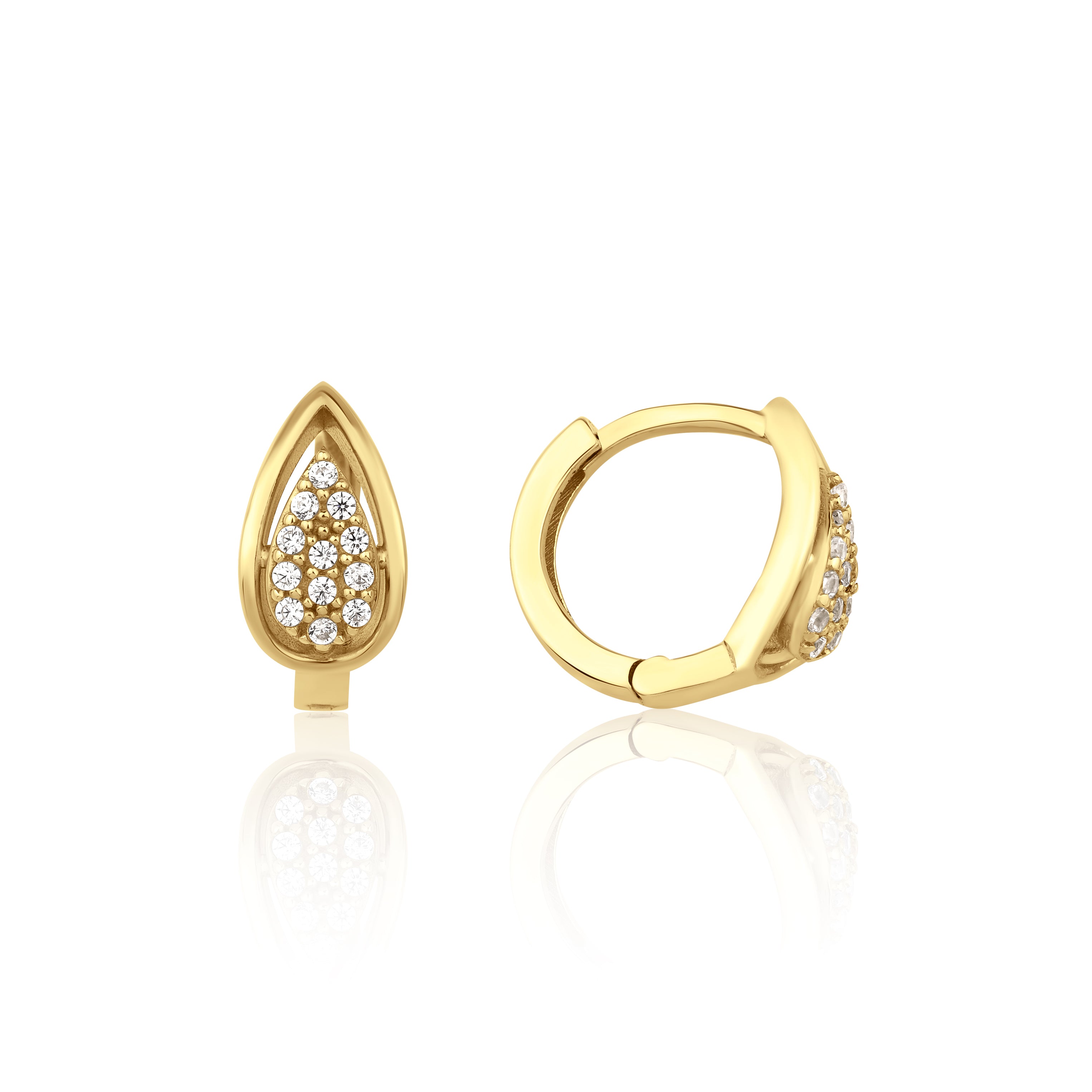 yellow gold drop pave huggie earrings on white background