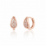 rose gold drop pave huggie earrings on white background