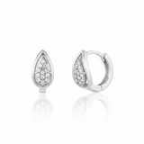 white gold drop pave huggie earrings on white background