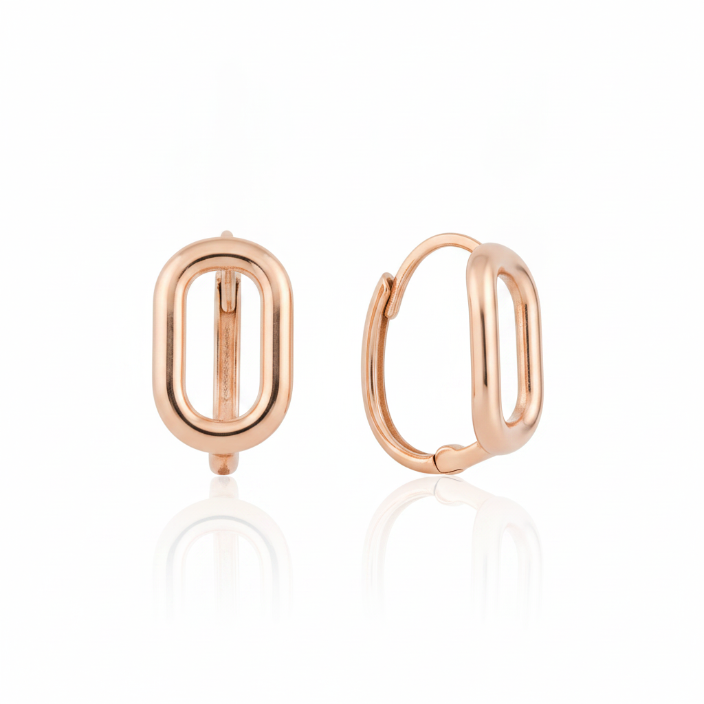 rose gold open oval hoop earrings on white background