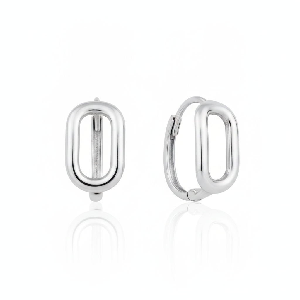 white gold open oval hoop earrings on white background