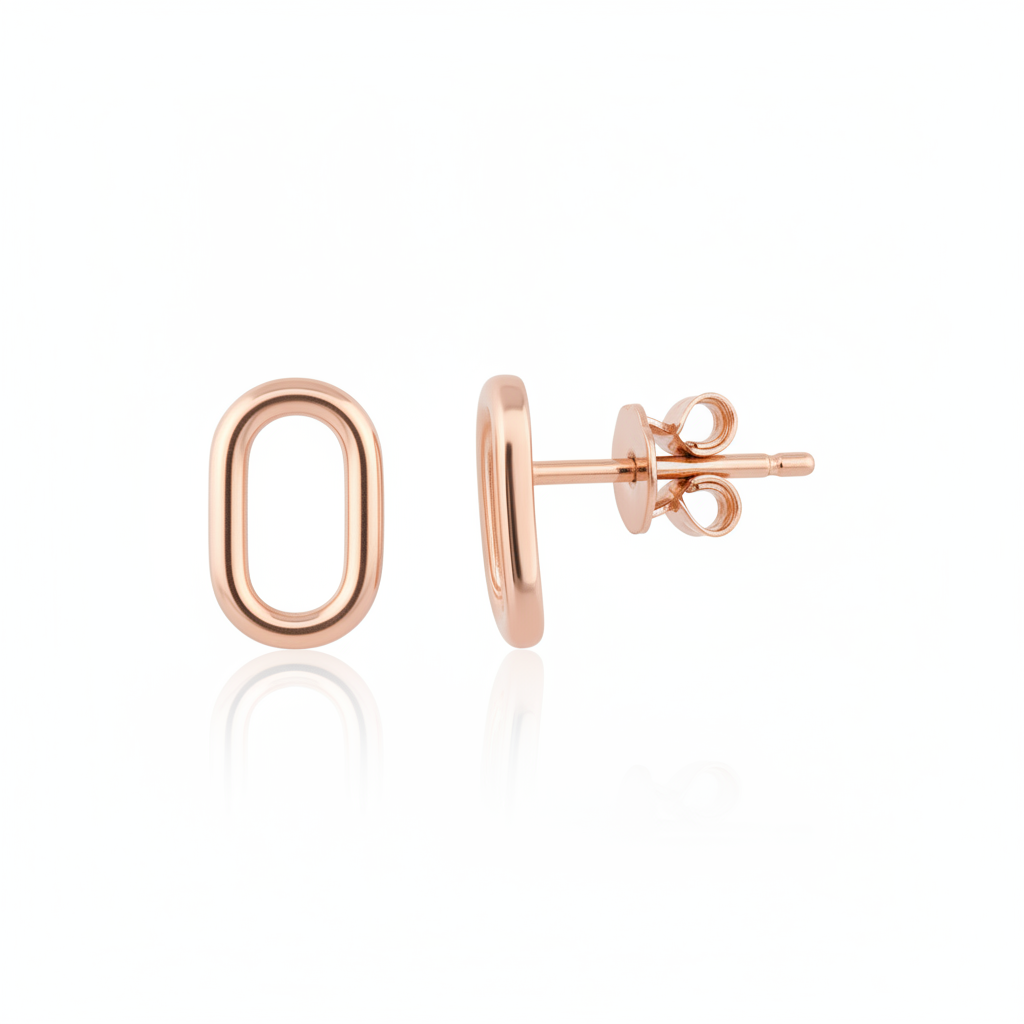 rose gold open oval stud earrings on white background