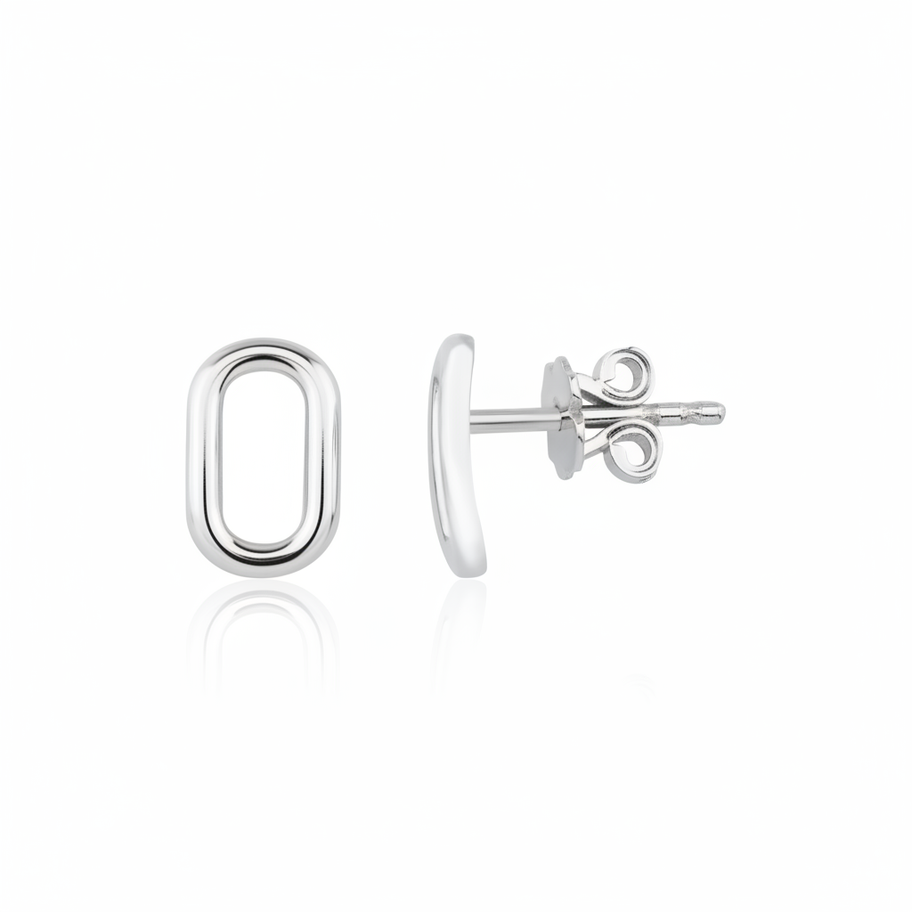 white gold open oval stud earrings on white background