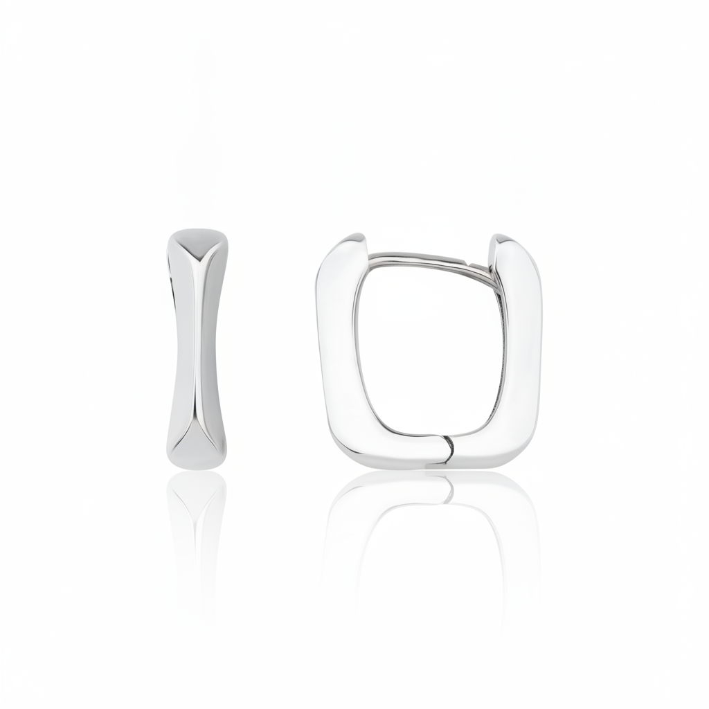 white gold rectangular hoop earrings on white background