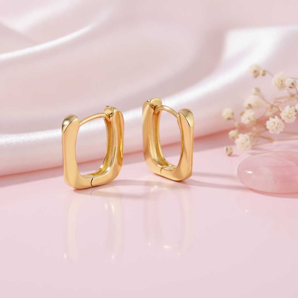 polished yellow gold soft rectangular hoop earrings on a pink background with dried baby's breath and a rose quartz stone