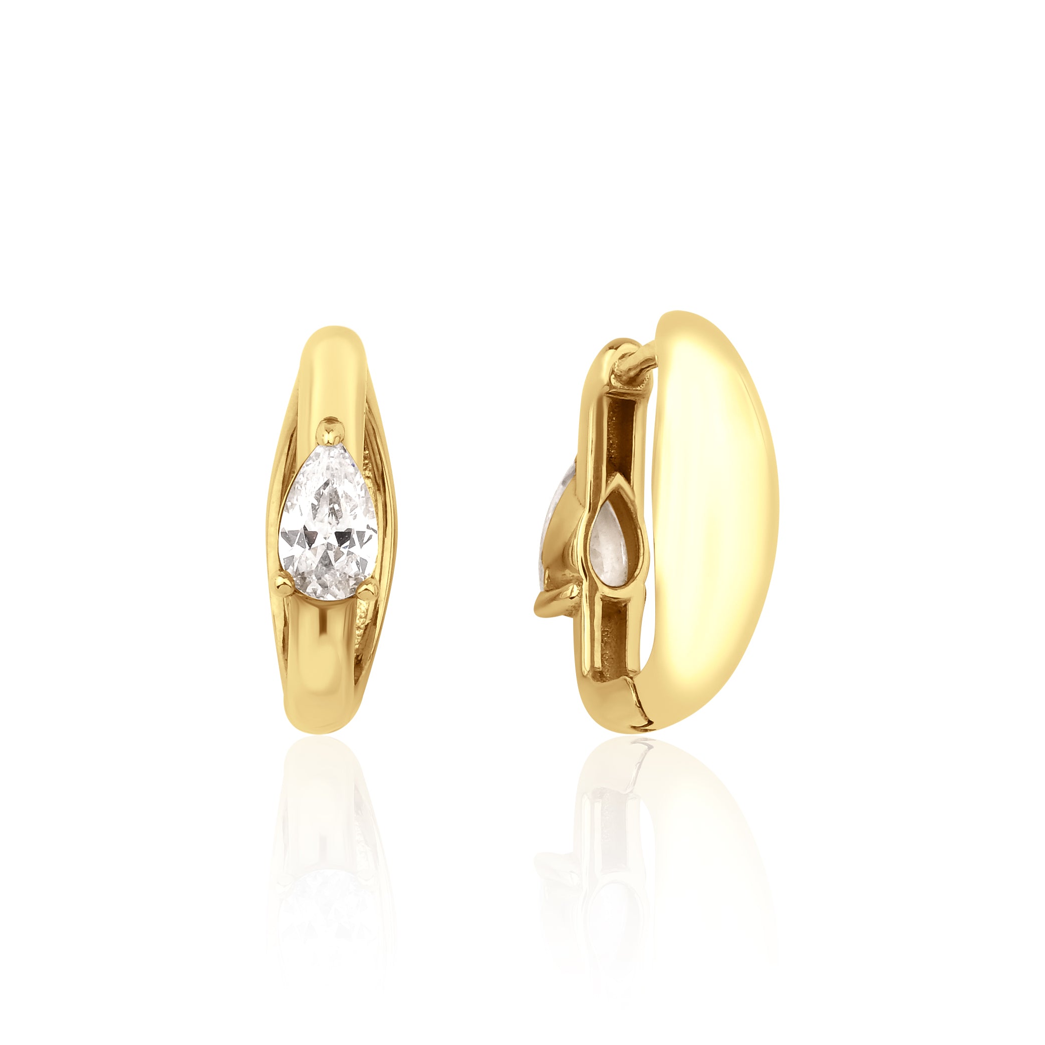 yellow gold pear spark huggie earrings on white background