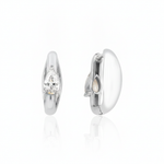 white gold pear spark huggie earrings on white background
