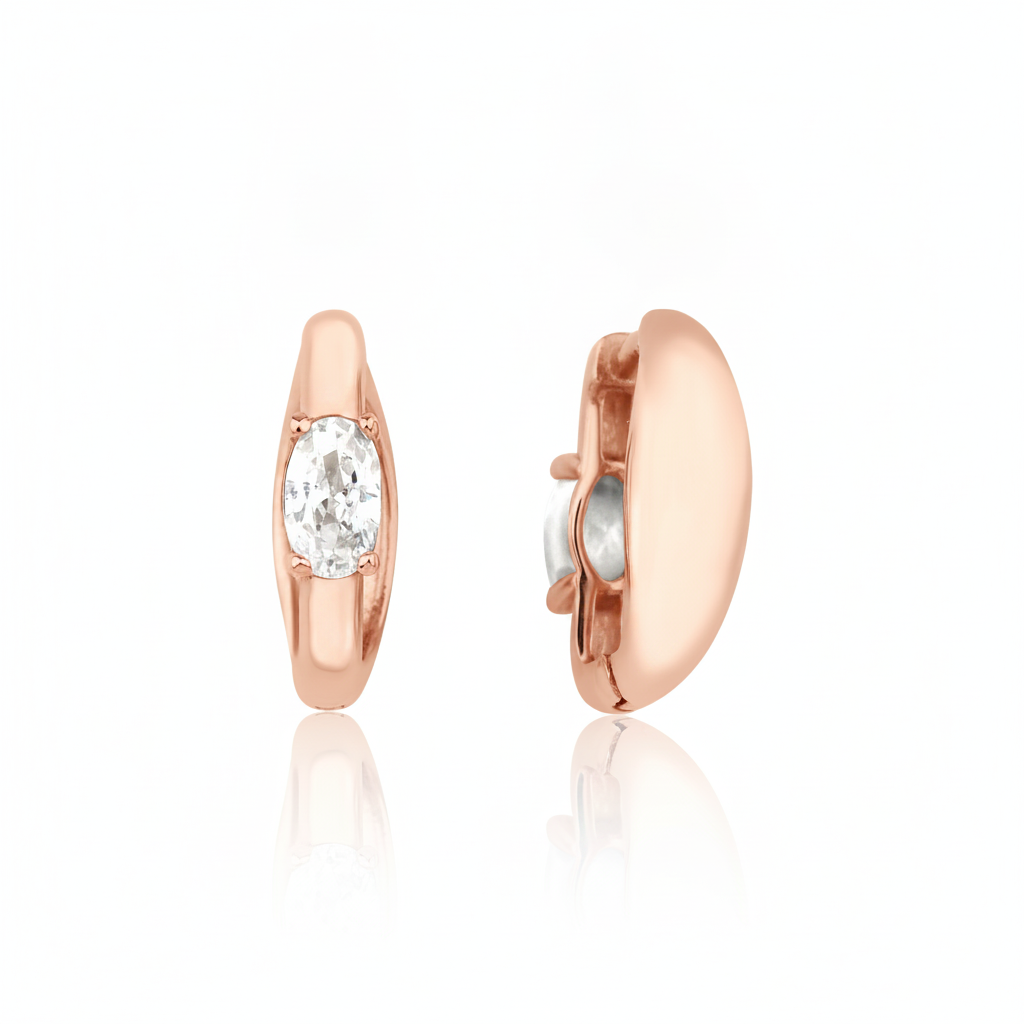 rose gold oval stone huggie earrings on white background