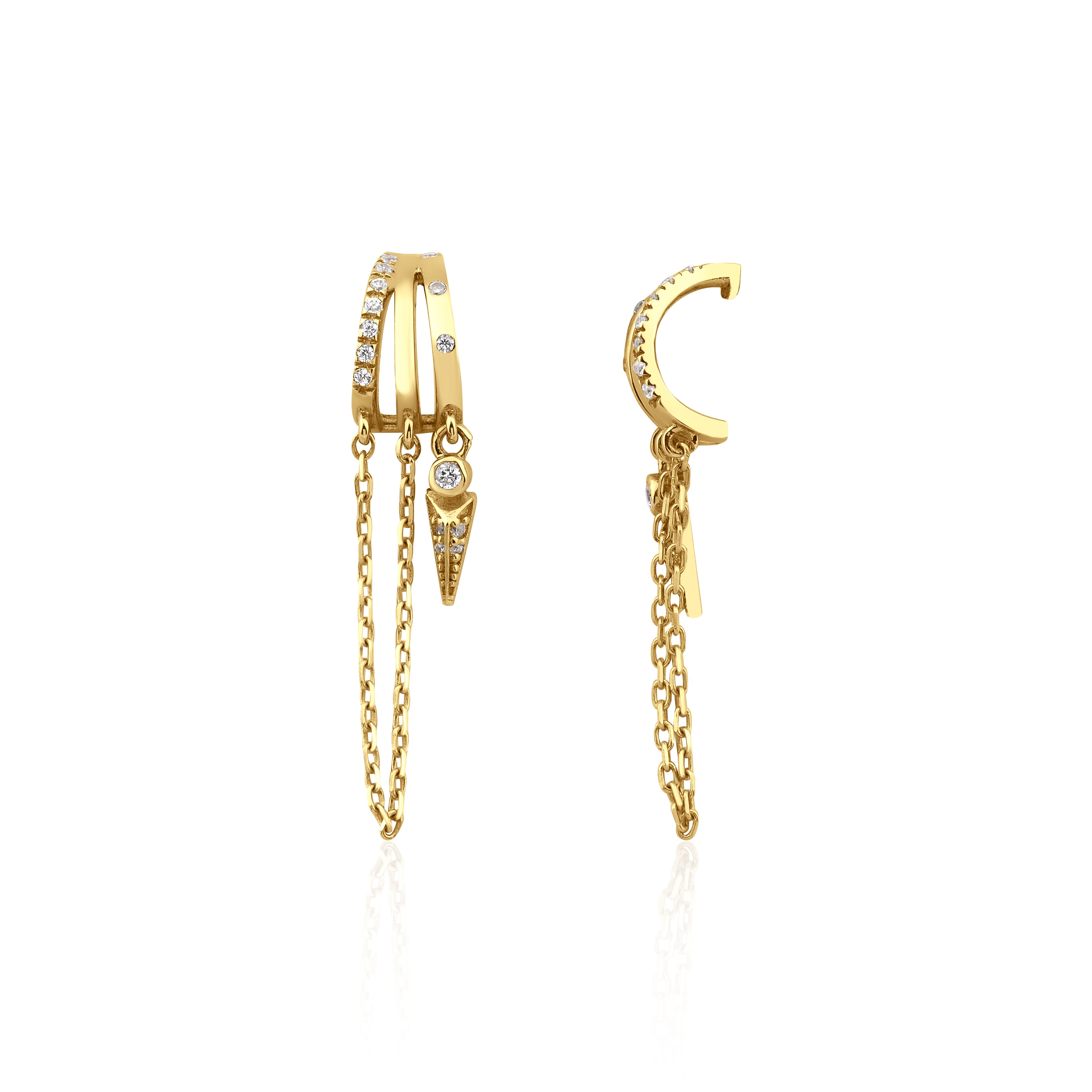 yellow gold cuff chain earrings on white background