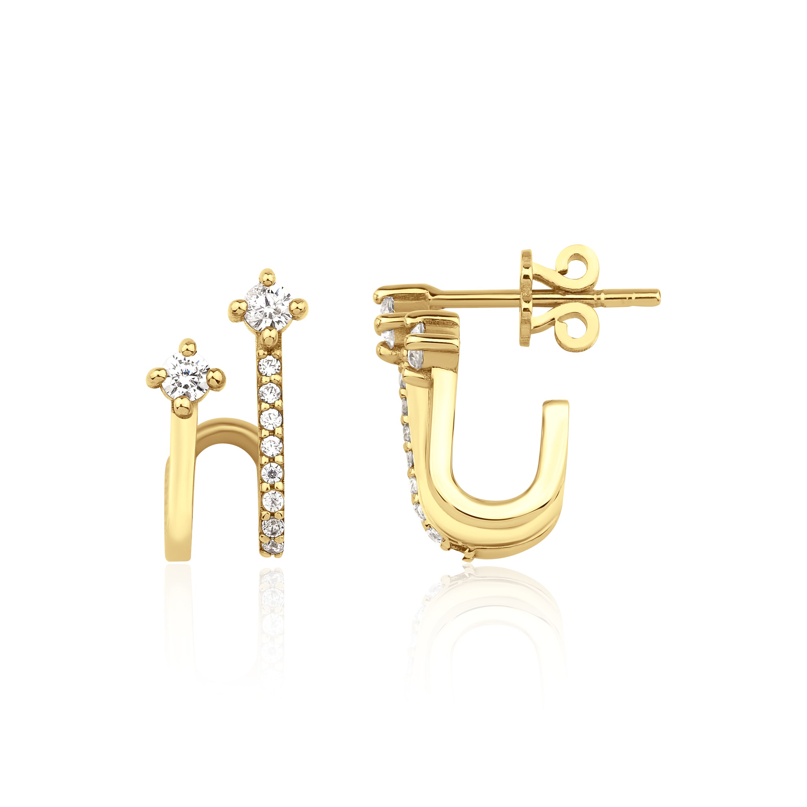 yellow gold double arch earrings on white background
