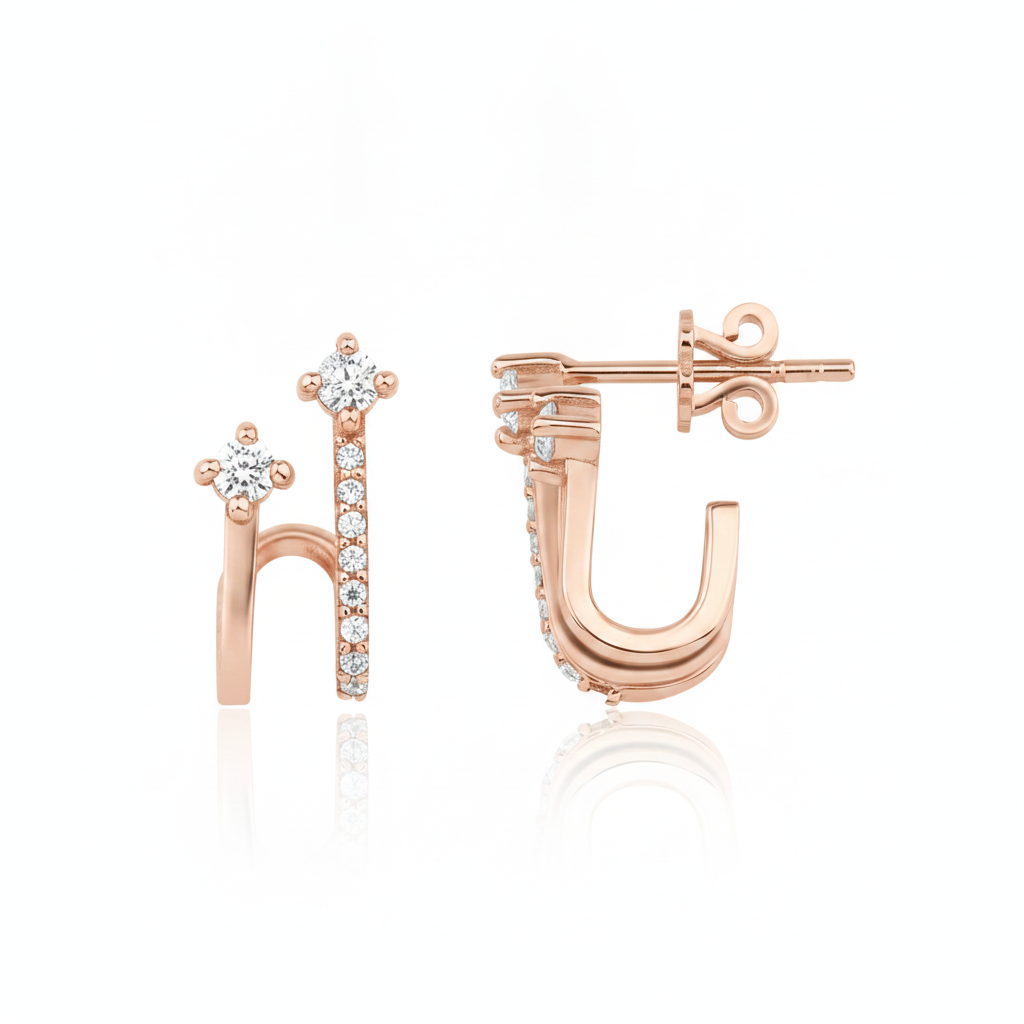 rose gold double arch earrings on white background