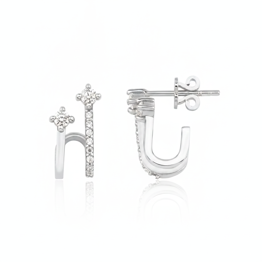 white gold double arch earrings on white background